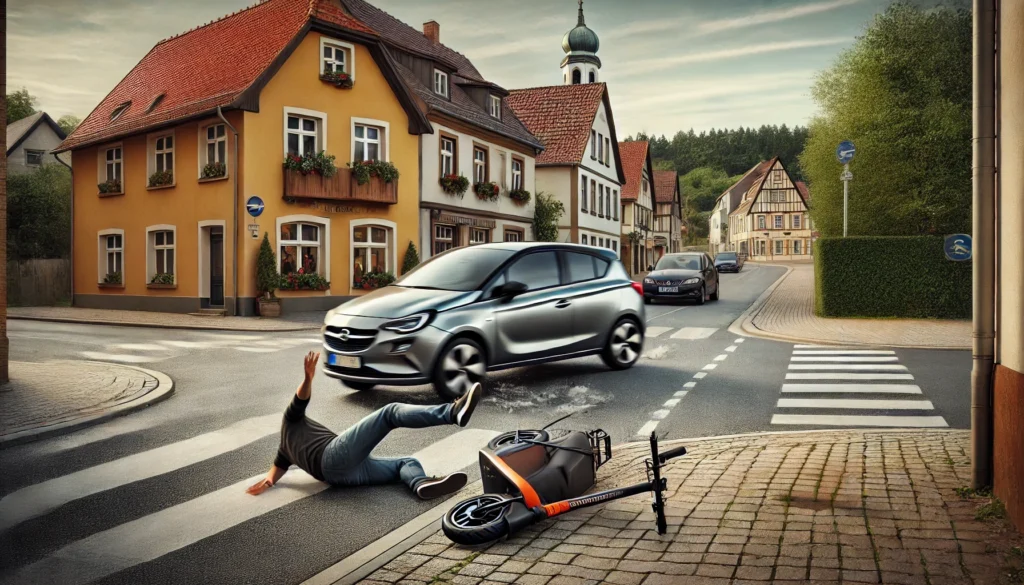 Ki generiertes Fahrzeug rammt einen escooter fahrer. im vordergrund ein liegender escooter.